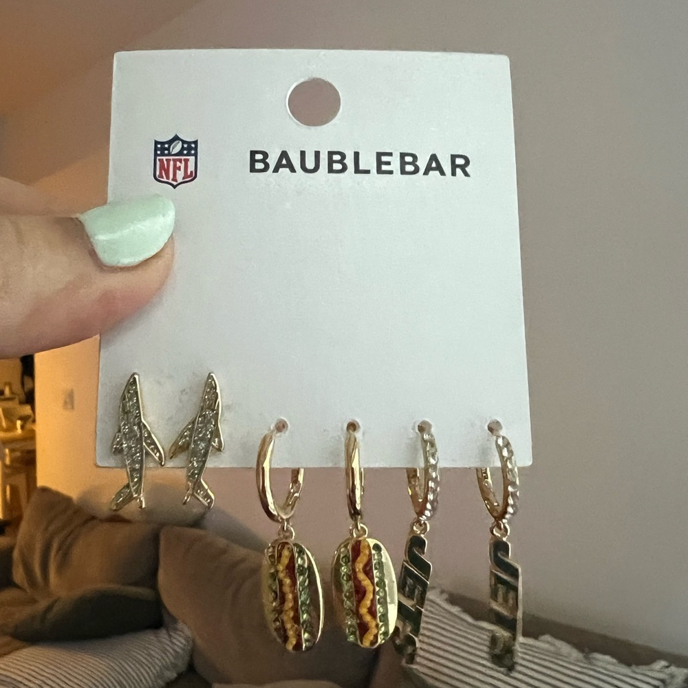 BaubleBar Gold and Green NFL Earrings Set